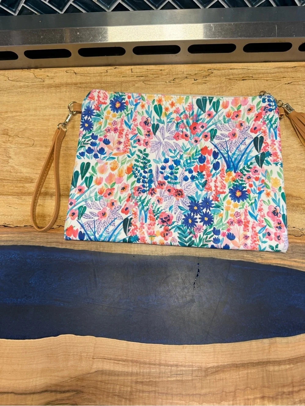 Floral Canvas Wristlet Clutch in Multicolor with Tan Strap